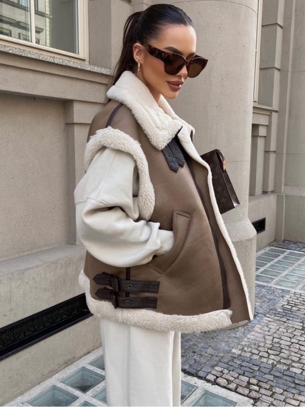 Zara Faux Shearling Aviator Moto Vest Buckle Trim Cream Brown Size Small